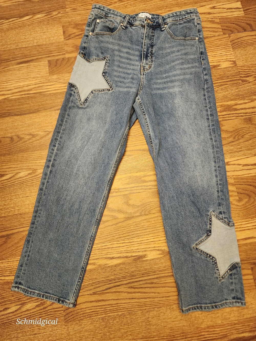 Blue Denim Jeans with Star Patch Whiskered Straight Leg Cropped‎ 26" Inseam